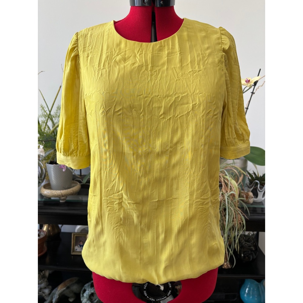 PAZZO blouse women size S yellow short puff sleeve crinkle texture top feminine